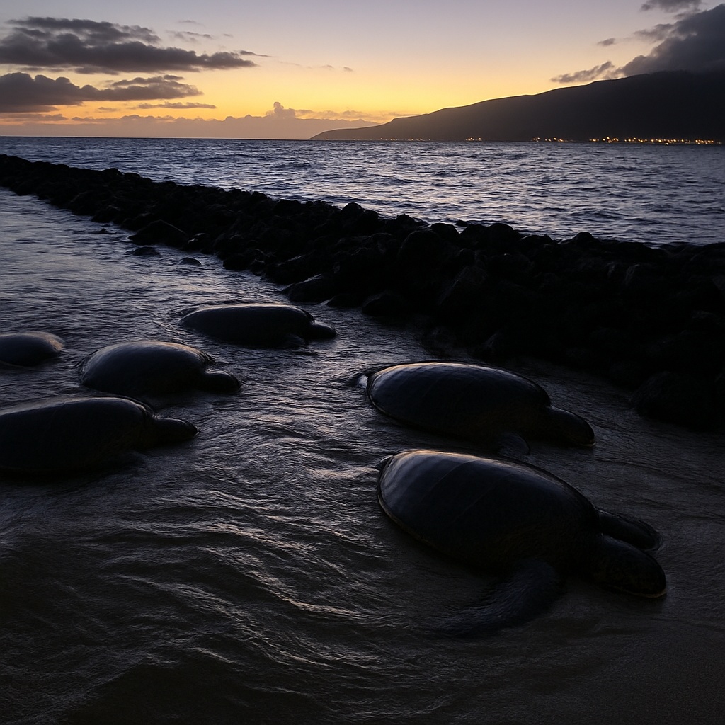 Turtles at Kalepolepo Beach Park at dusk.